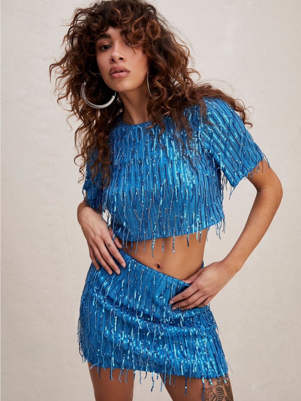 SAYLOR Blue Sequin Fringe Crop Top and Skirt Set